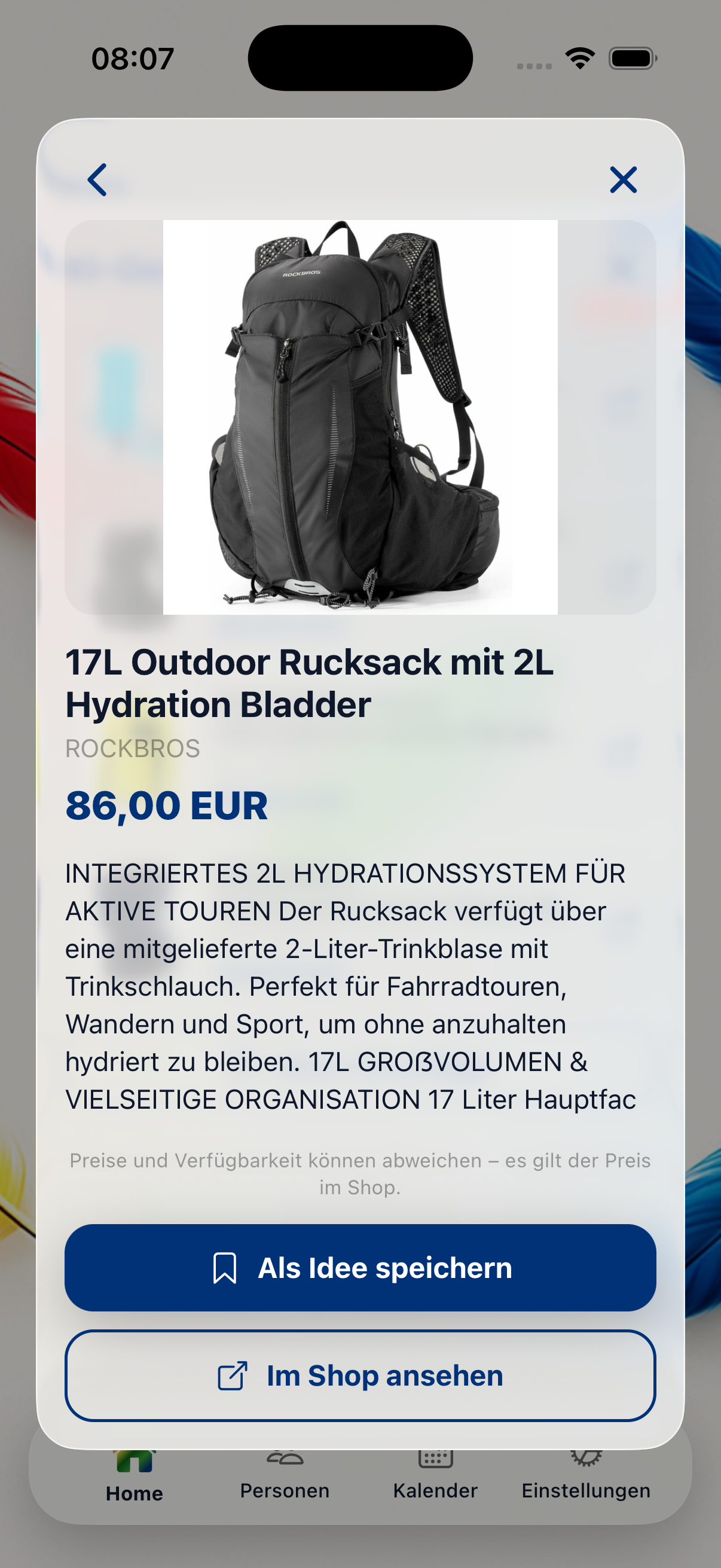 Produkt-Detailansicht in Givara mit Produktbild, Marke, Preis, Beschreibung und dem Button „Im Shop ansehen“