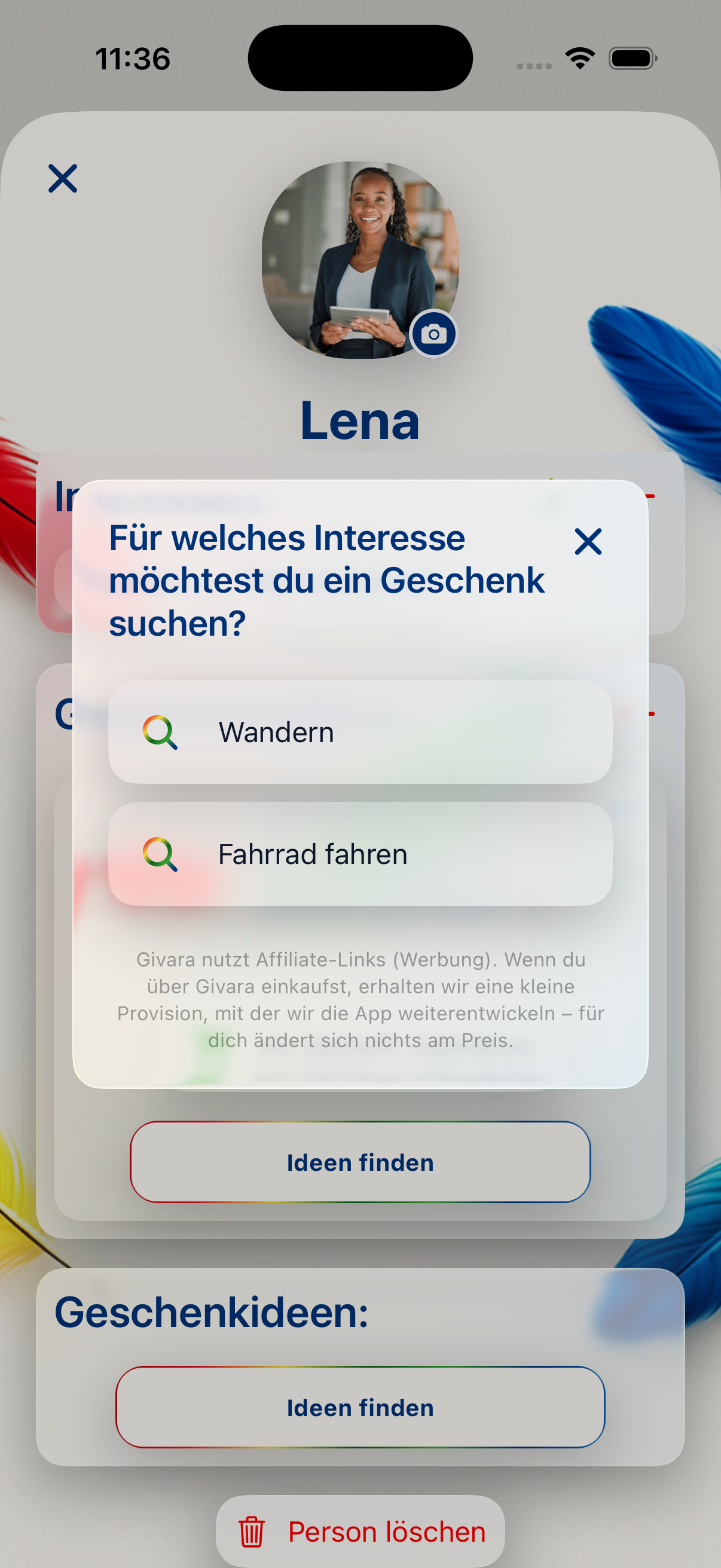 Givara fragt, für welches Interesse ein Geschenk gesucht werden soll
