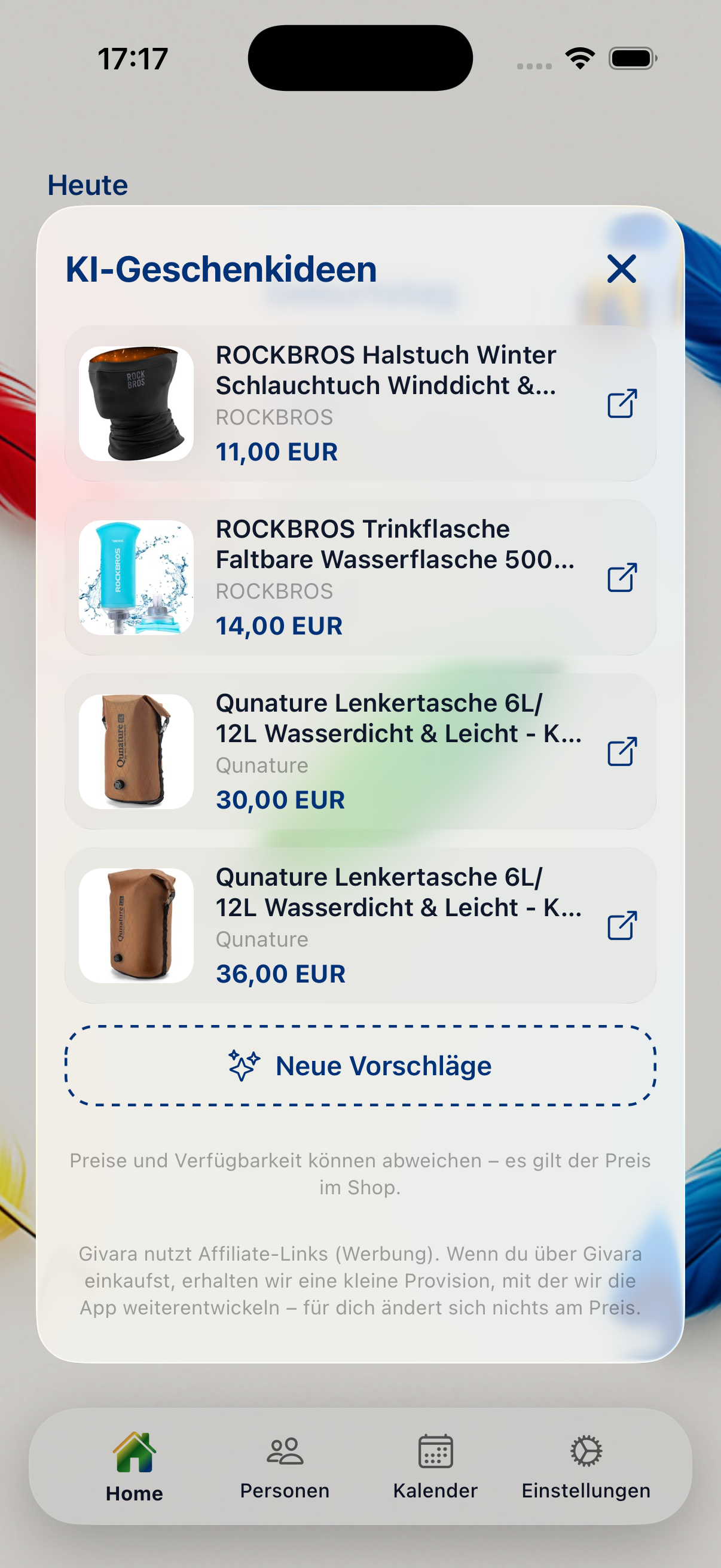 Geschenkvorschläge in Givara: vier Produktkarten mit Produktbild, Artikelname, Marke und Preis
